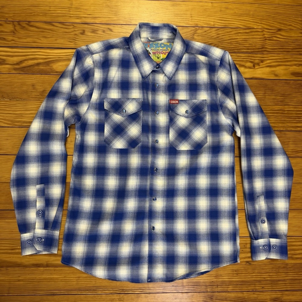 Dixxon Wipeout Flannel Mens Small Pearl Snap Button Down Shirt Blue White Plaid - Picture 2 of 13
